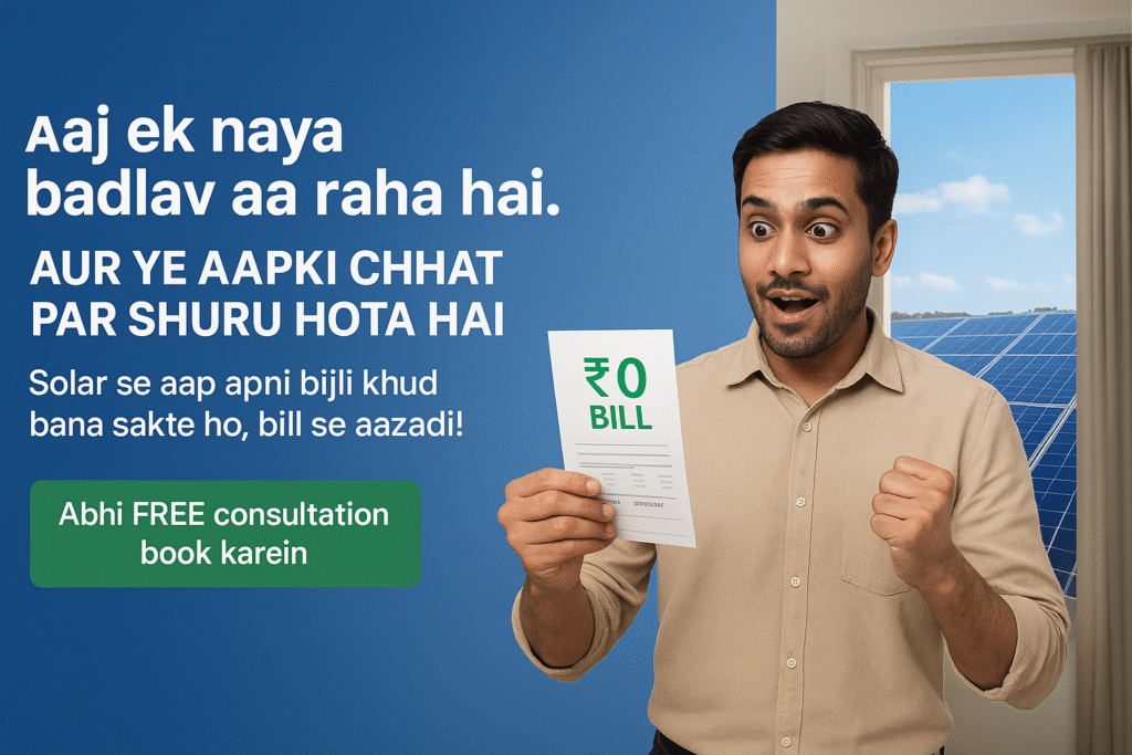 “Indian man happily holding an electricity bill showing ₹0, standing in a modern home with solar panels visible outside the window, with text saying ‘Janiye apne shahar ke hisaab se kaunsa solar sahi rahega’.”